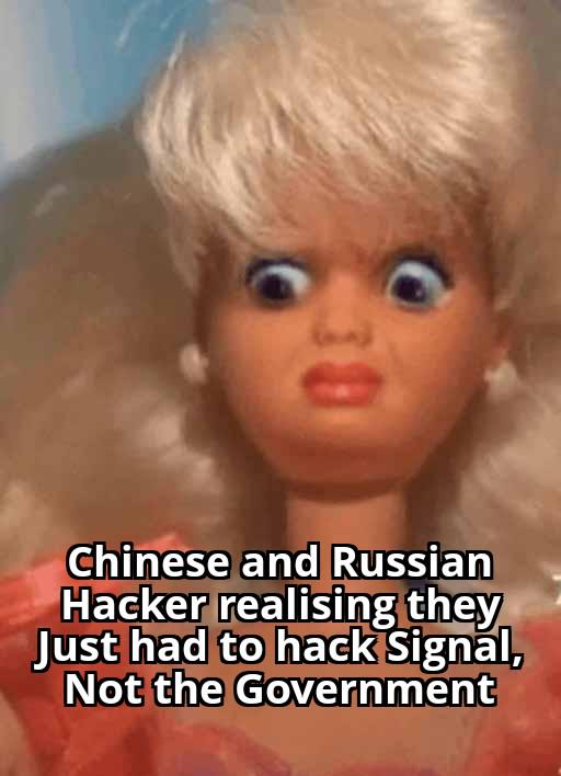 Text: 'Chinese and Russian Hacker realising they Just had to hack Signal, Not the Government'. Background shows a blurred face.