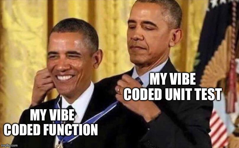 Person awarding medal to themselves with text 'MY VIBE CODED FUNCTION' and 'MY VIBE CODED UNIT TEST'.