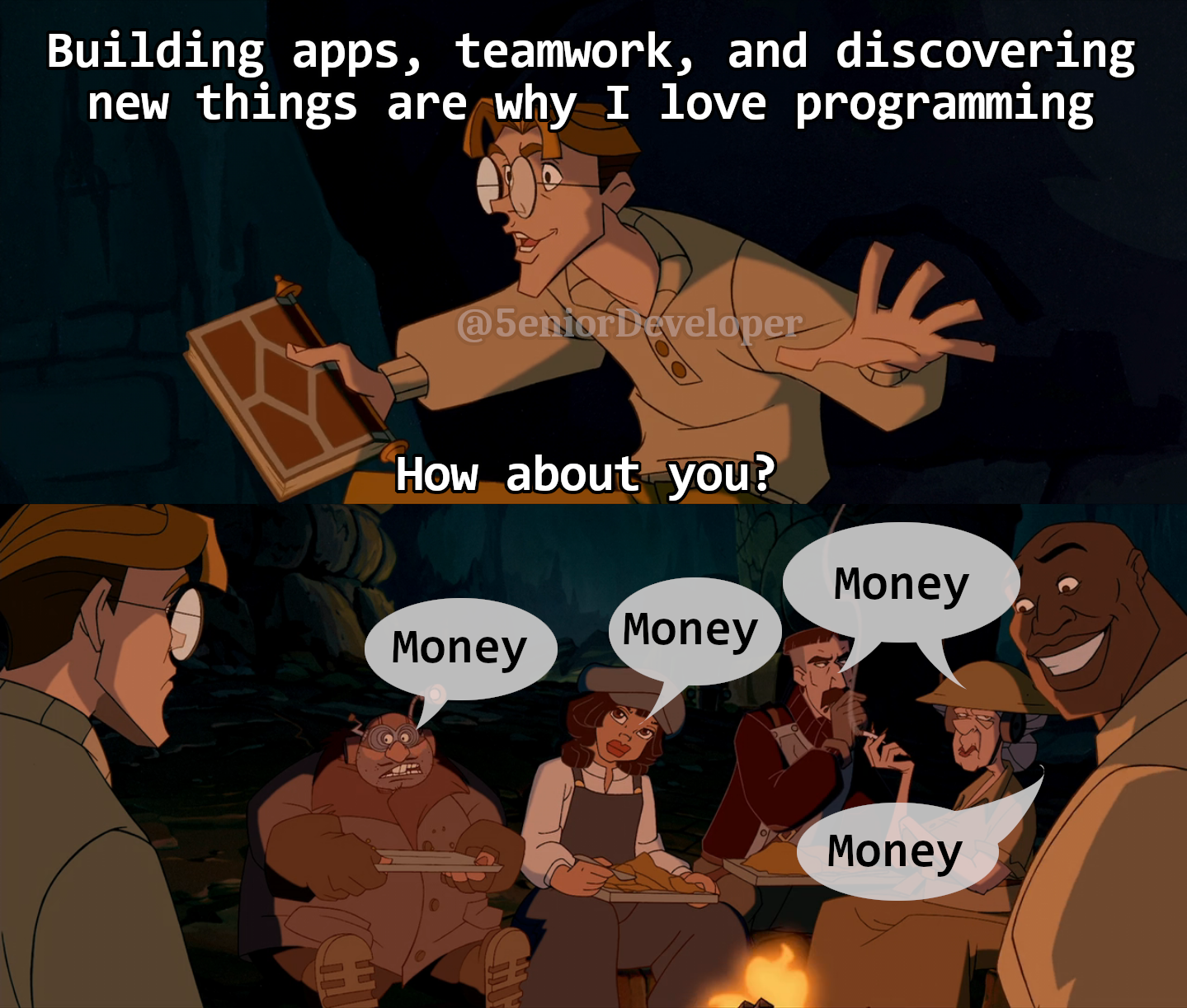 A person says they love programming for building apps, teamwork, and discovery. Others respond with 'Money' repeatedly.