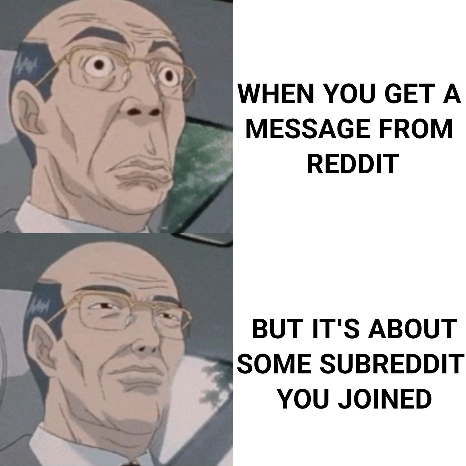 Two-panel meme: top panel shows a man excited; text reads 'WHEN YOU GET A MESSAGE FROM REDDIT'. Bottom panel shows the same man disappointed; text reads 'BUT IT'S ABOUT SOME SUBREDDIT YOU JOINED'.