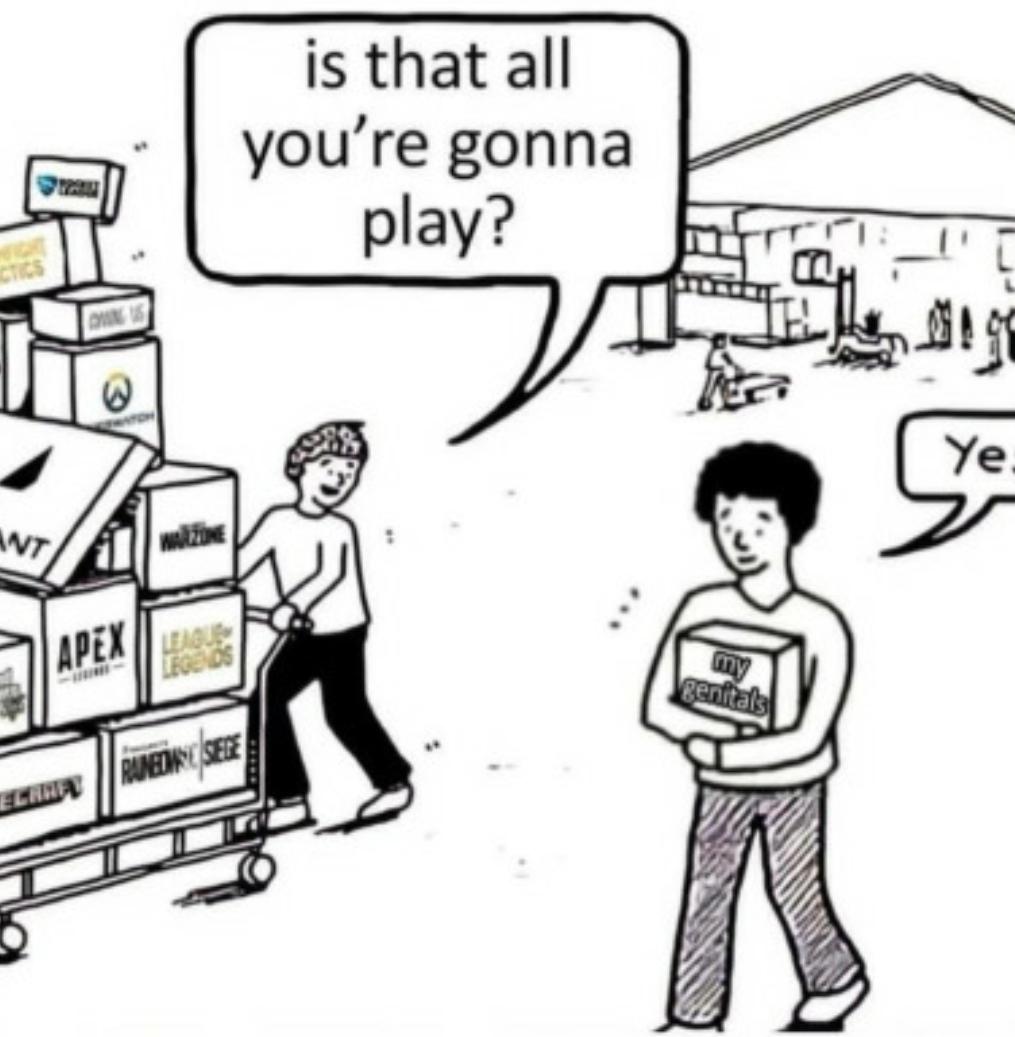 Comic with one person pushing cart full of video games; another holding a box labeled 'my genitals' saying 'Yes'.