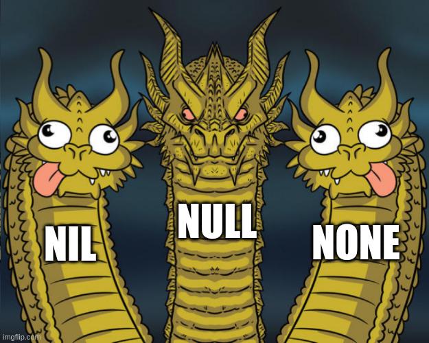 A three-headed dragon with a serious middle head labeled 'NULL' and two silly side heads labeled 'NIL' and 'NONE'.