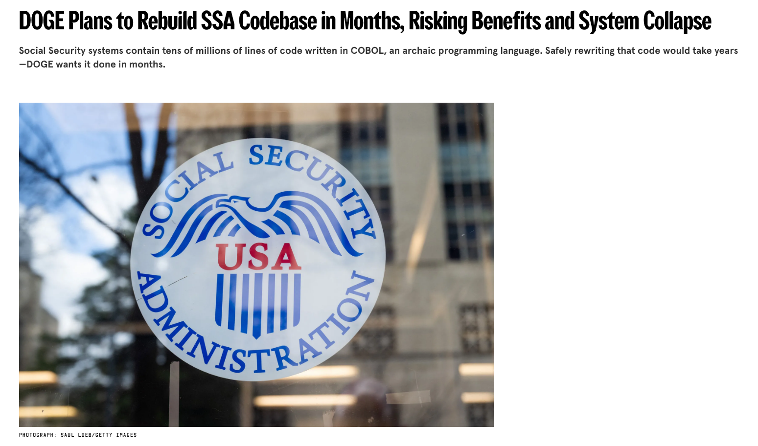 Social Security Administration logo on window with headline: DOGE Plans to Rebuild SSA Codebase in Months, Risking Benefits and System Collapse.