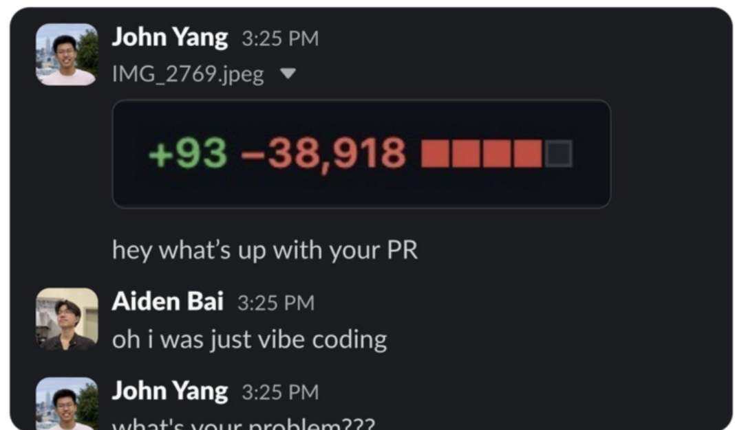 Slack chat with code review showing +93 -38,918 and conversation between John Yang and Aiden Bai about a PR issue.