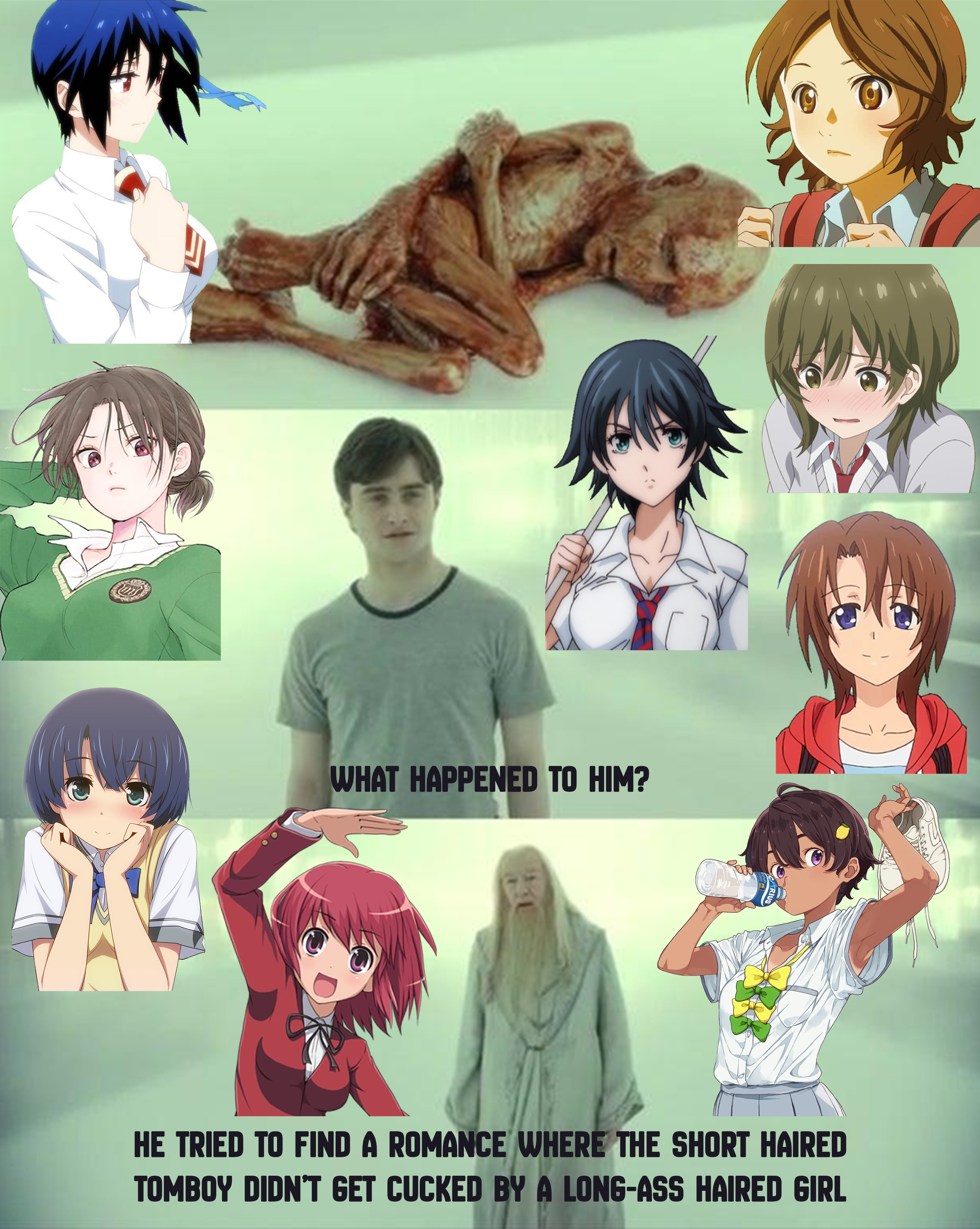 Anime-themed meme with characters and a skeleton, text: 'What happened to him? He tried to find a romance where the short-haired tomboy didn't get cucked by a long-ass haired girl.'