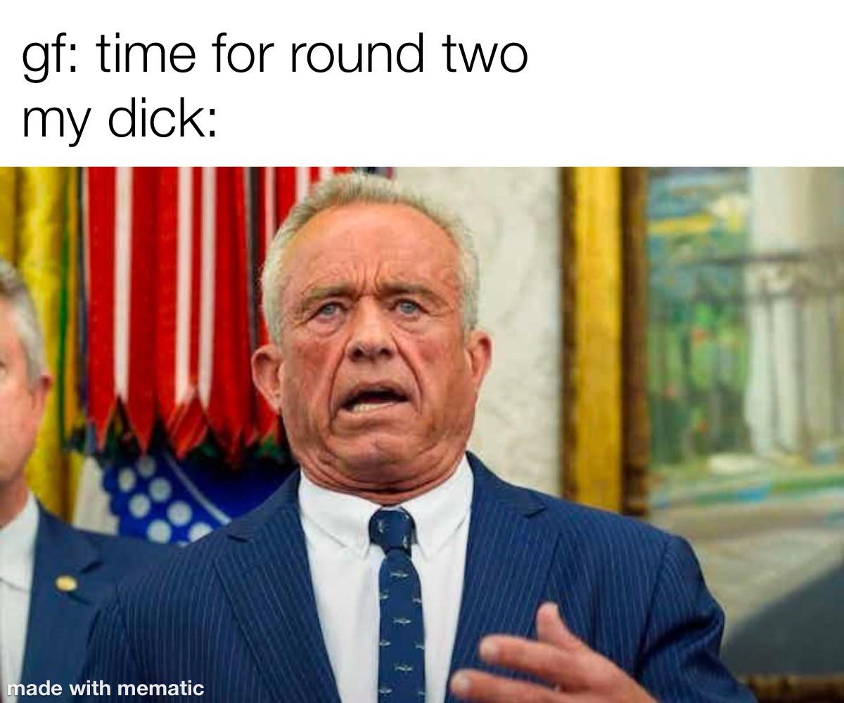 Text reads 'gf: time for round two my dick:' with a man in a suit in an office setting.