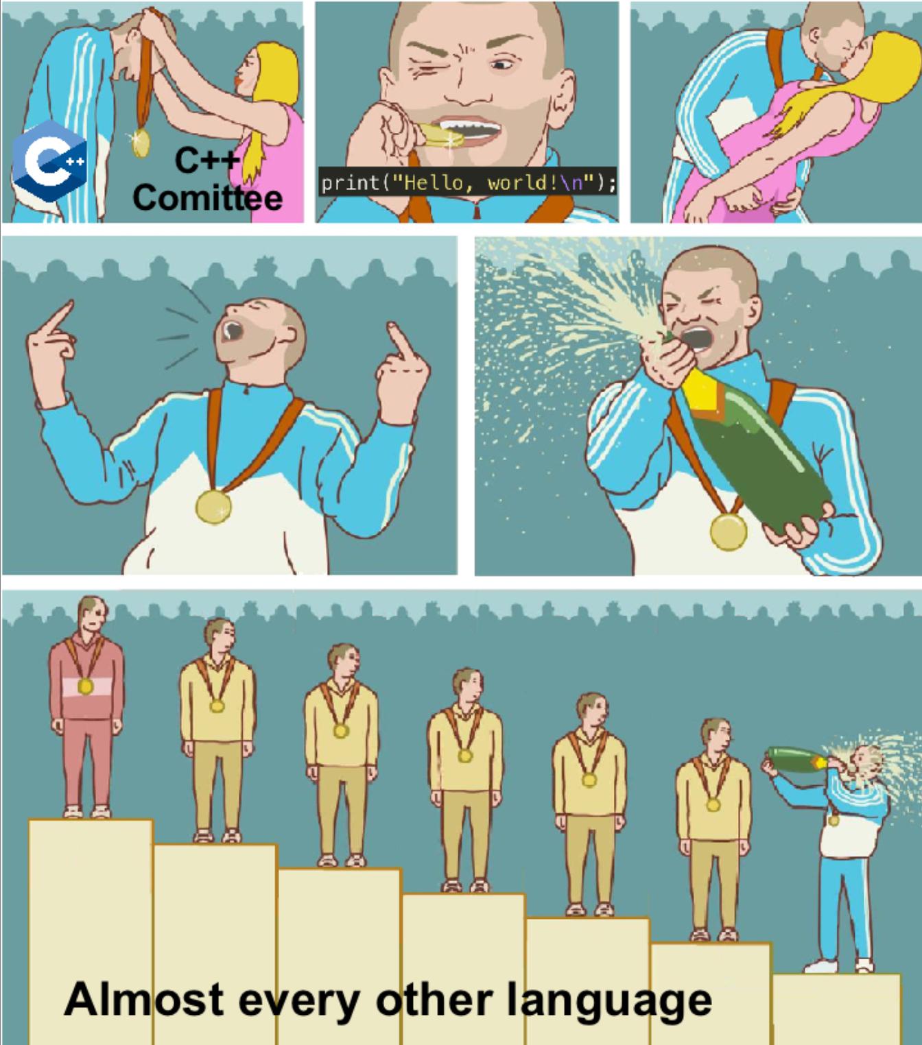 Cartoon of a person celebrating on a podium labeled as C++ Committee with champagne, overshadowing others labeled as 'Almost every other language'.