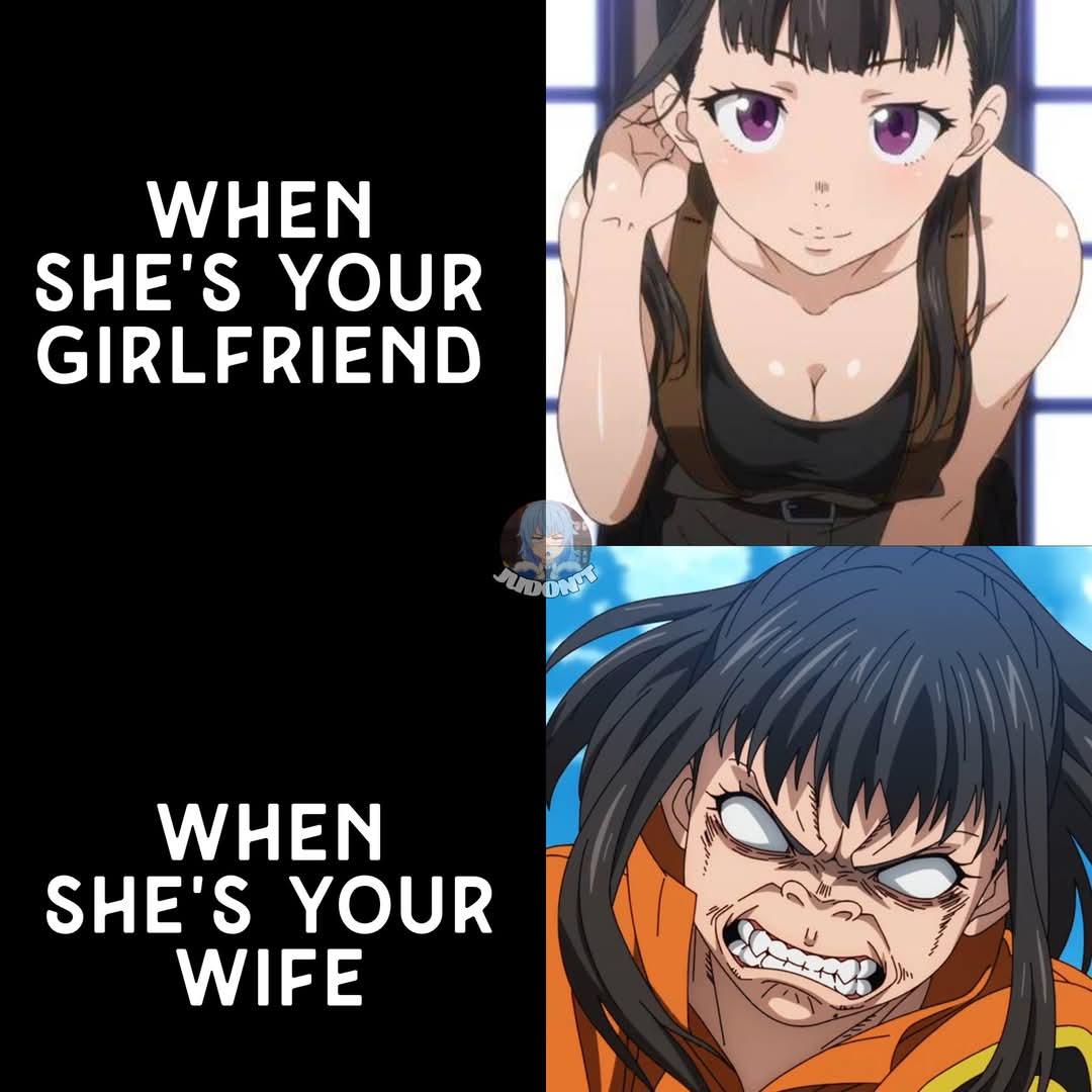 Two anime images with text 'When She's Your Girlfriend' and 'When She's Your Wife' on a black background.