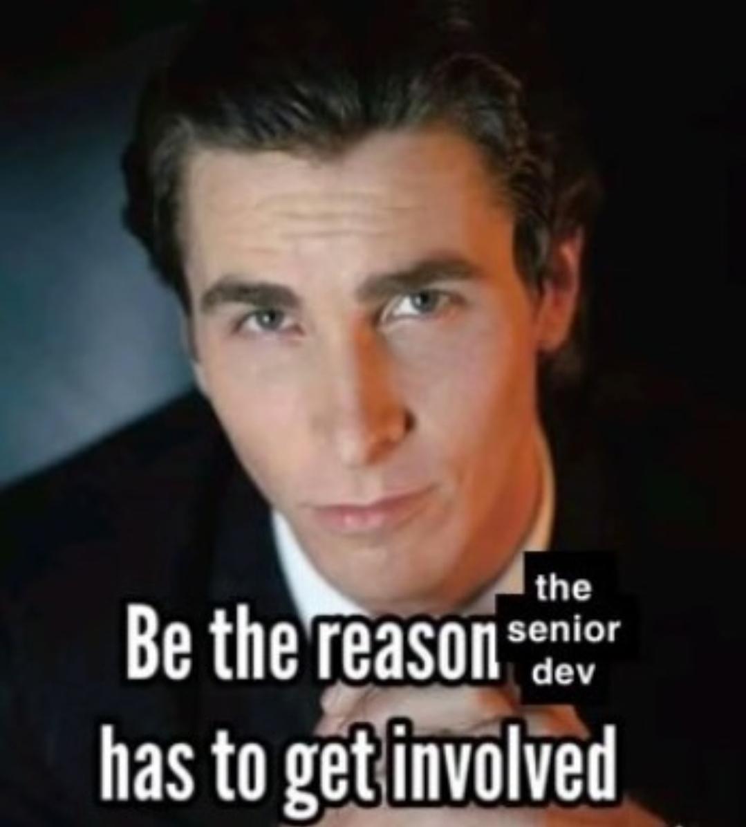 Person pointing with text 'Be the reason the senior dev has to get involved'