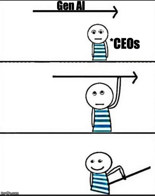 Comic strip character pointing at arrow labeled 'Gen AI' with note '*CEOs'