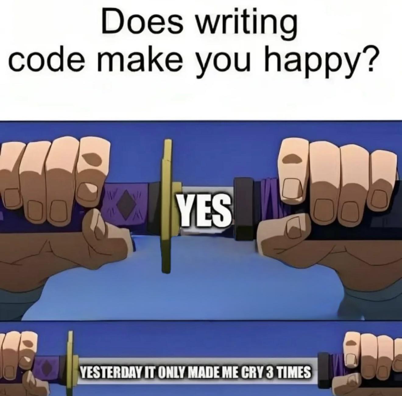 Hands holding sword with text 'Does writing code make you happy? YES. Yesterday it only made me cry 3 times.'