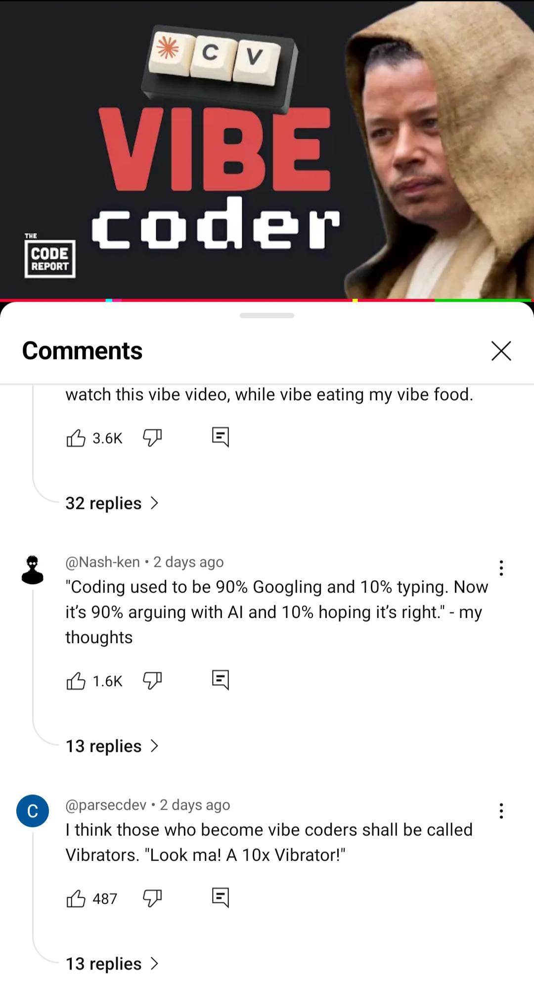 Vibe Coder text with comments about coding and AI humor below